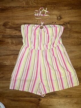 Old Navy Striped Halter Romper Large Pastel Pink Yellow  Summer Boho One Piece